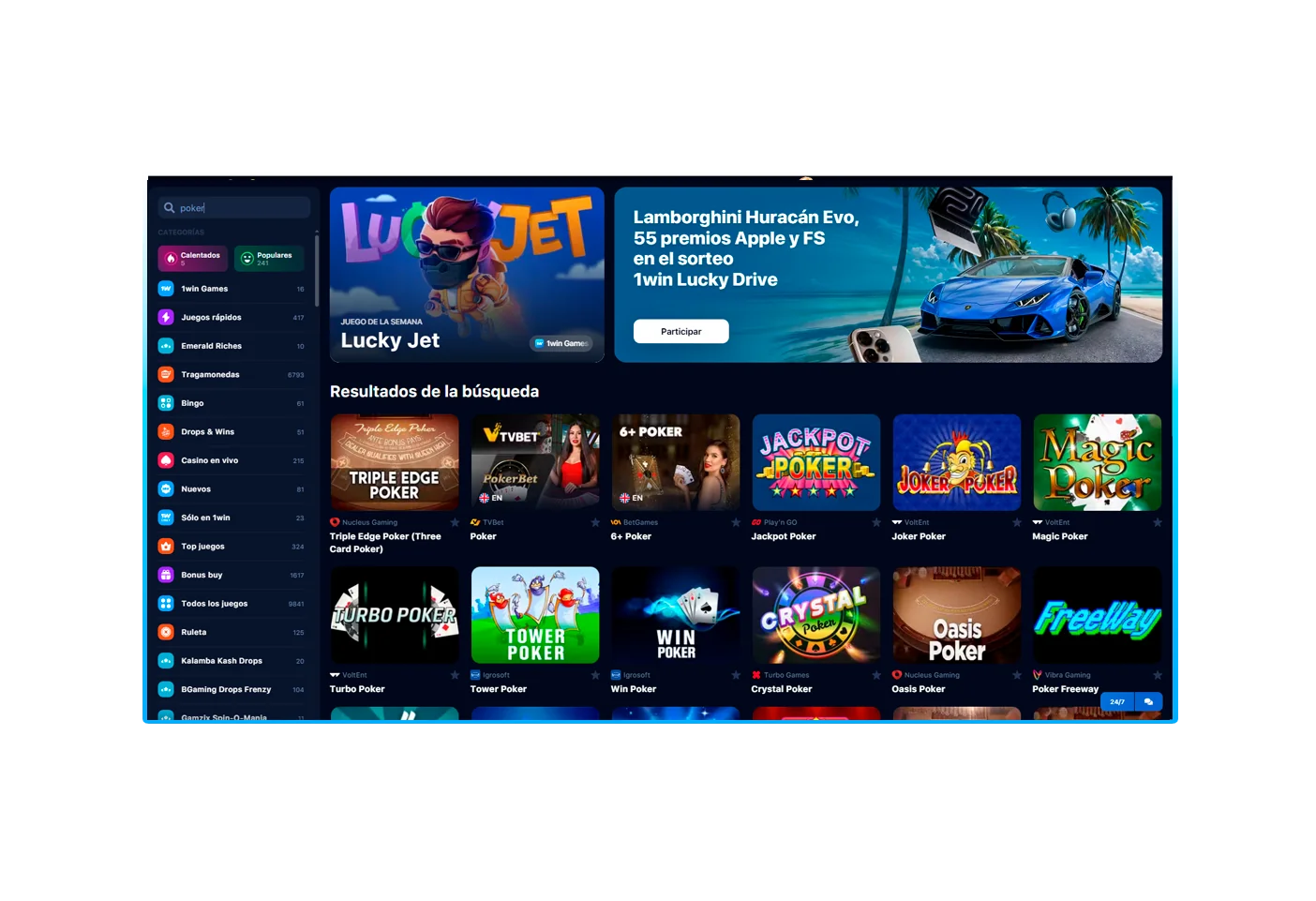 Buscar póquer en la sección de casino